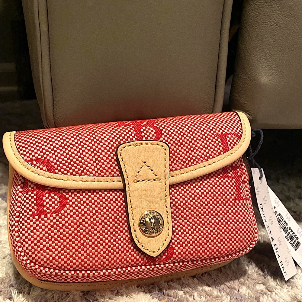 Dooney & Bourke Red Signature Fabric Beige Leather Trim With Snap Wristlet